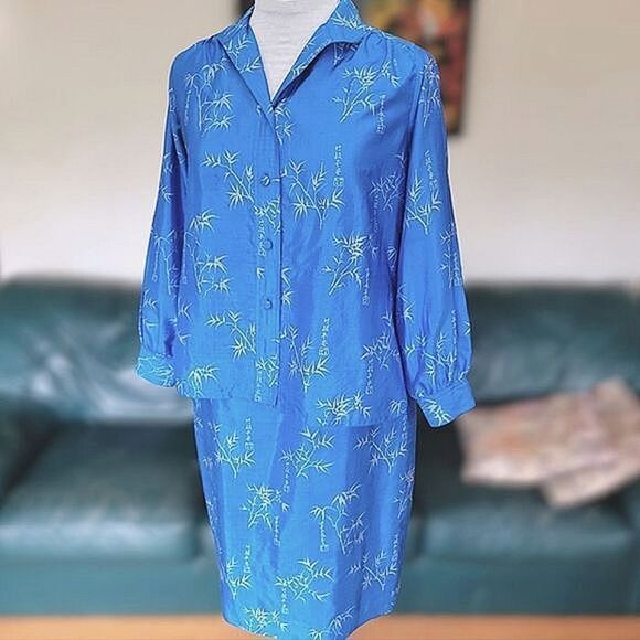 Vtg raw silk blue bamboo print skirt set - Picture 3 of 16